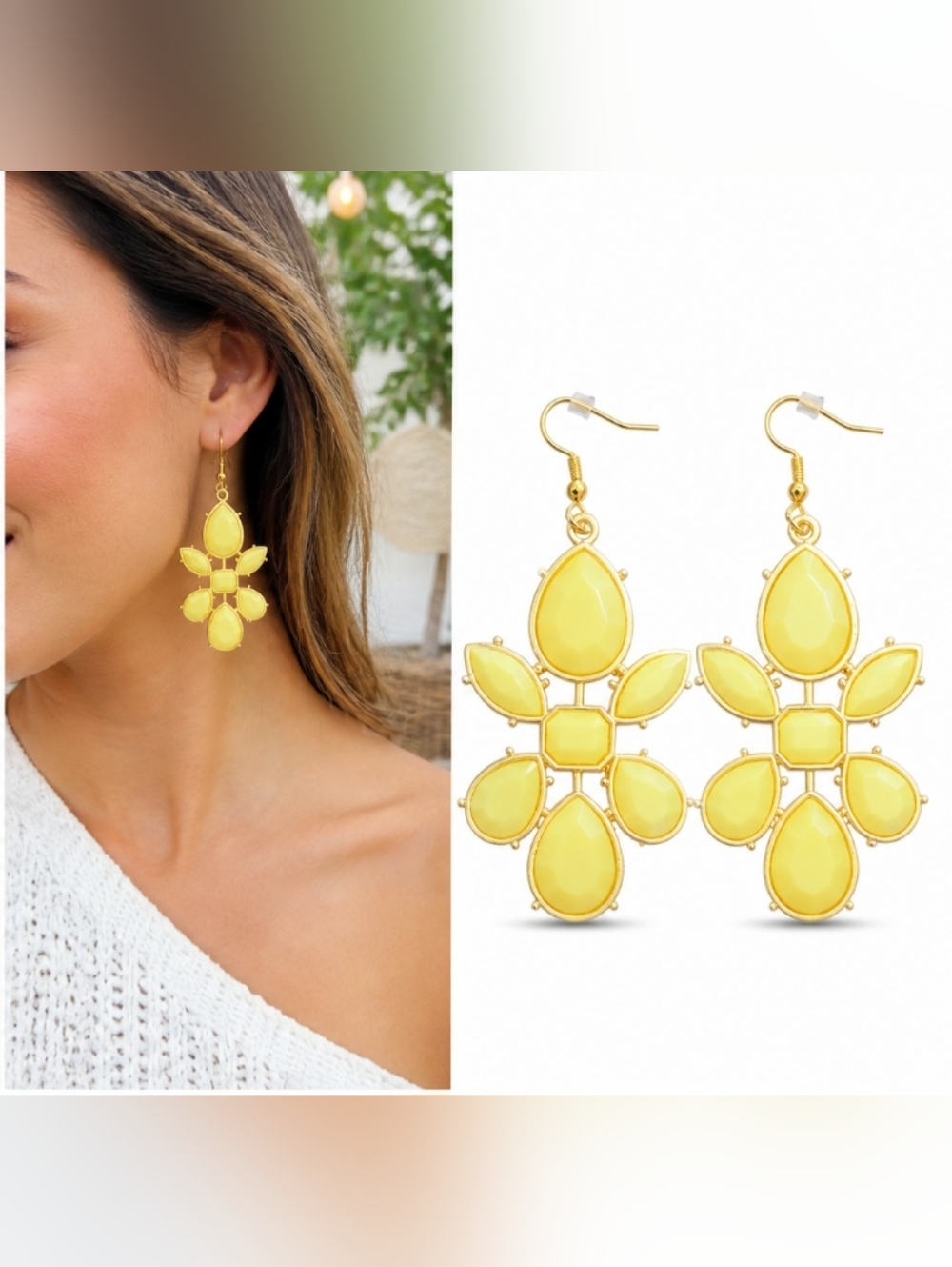 Upcycled Yellow Statement Earrings Gold Tone Floral Teardrop Boho Lightweight